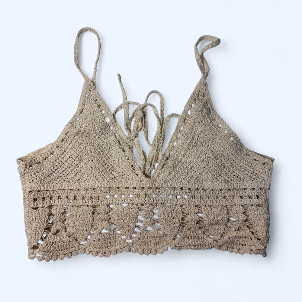 Cream Beige Knit Pointelle Lace Up Back Crochet Halter Top Size S/M 🐚